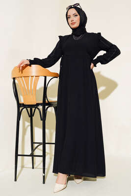 Kolları Parlak Pullu Elbise Siyah - Elbise