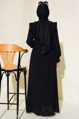 Kolları Parlak Pullu Elbise Siyah - Elbise