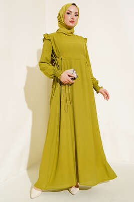 Kolları Parlak Pullu Elbise Yağ Yeşili 