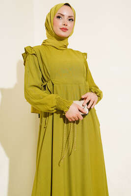 Kolları Parlak Pullu Elbise Yağ Yeşili - Elbise