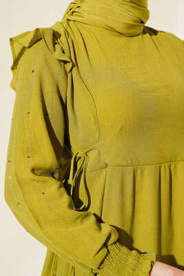 Kolları Parlak Pullu Elbise Yağ Yeşili - Elbise