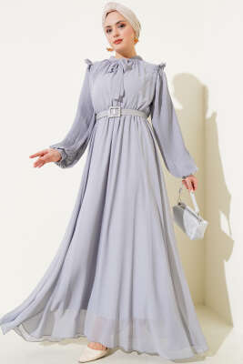 Kolları Piliseli Elbise Gri 