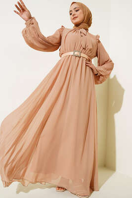 Kolları Piliseli Elbise Latte - Elbise