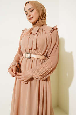 Kolları Piliseli Elbise Latte - Elbise