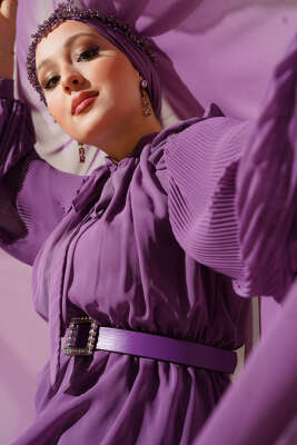 Kolları Piliseli Elbise Magenta 