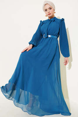 Kolları Piliseli Elbise Petrol 