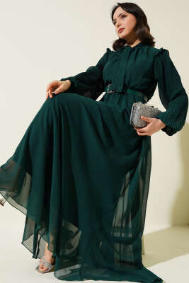 Kolları Piliseli Elbise Zümrüt 