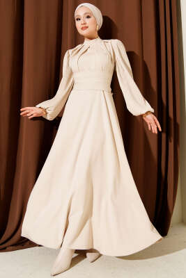 Kolları Piliseli Kuşaklı Abiye Elbise Bej 