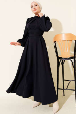 Kolları Piliseli Kuşaklı Abiye Elbise Lacivert - Elbise