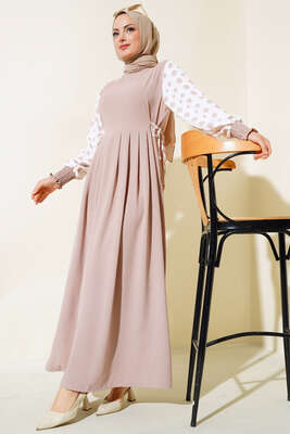 Kolları Puantiyeli Elbise Bej - Elbise