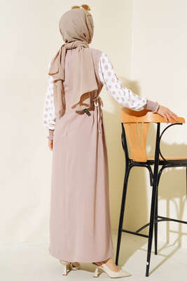 Kolları Puantiyeli Elbise Bej - Elbise