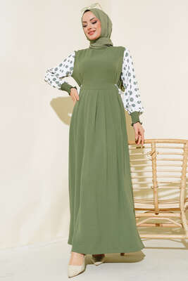 Kolları Puantiyeli Elbise Haki 