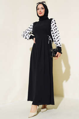 Kolları Puantiyeli Elbise Siyah 