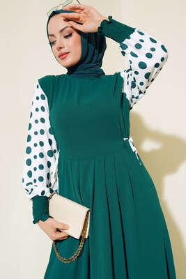 Kolları Puantiyeli Elbise Zümrüt 