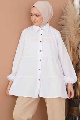Kolu Lastikli Kat Kat Beyaz Tunik 