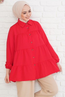 Kolu Lastikli Kat Kat Kırmızı Tunik 
