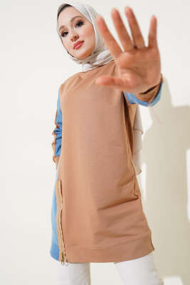 Kot Detaylı Fermuarlı Tunik Latte - Tunik