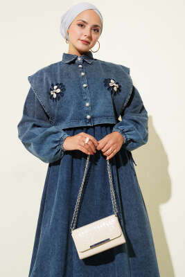 Kot Süveterli Çiçek Nakışlı Kot Elbise Koyu Mavi - Elbise