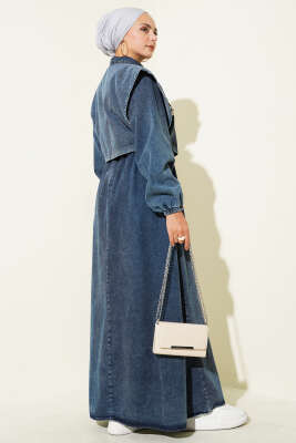 Kot Süveterli Çiçek Nakışlı Kot Elbise Koyu Mavi - Elbise