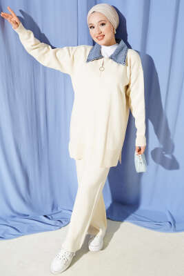 Kot Yakalı Fermuarlı Triko İkili Takım Bej 