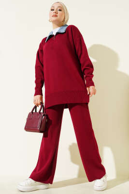 Kot Yakalı Fermuarlı Triko İkili Takım Bordo 