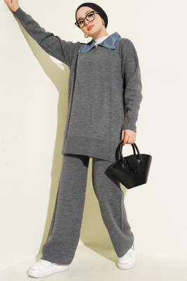 Kot Yakalı Fermuarlı Triko İkili Takım Füme 