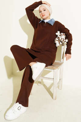 Kot Yakalı Fermuarlı Triko İkili Takım Kahve 