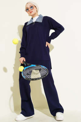 Kot Yakalı Fermuarlı Triko İkili Takım Lacivert - İkili Takım