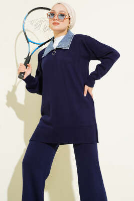 Kot Yakalı Fermuarlı Triko İkili Takım Lacivert - İkili Takım