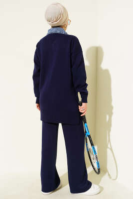 Kot Yakalı Fermuarlı Triko İkili Takım Lacivert - İkili Takım