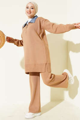 Kot Yakalı Fermuarlı Triko İkili Takım Latte 