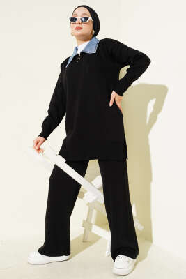 Kot Yakalı Fermuarlı Triko İkili Takım Siyah 