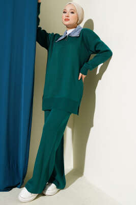 Kot Yakalı Fermuarlı Triko İkili Takım Zümrüt 