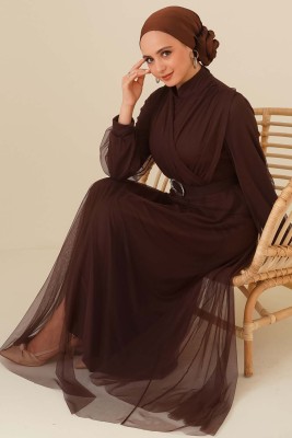 Kruvaze Tül Kemerli Elbise Kahve