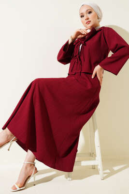 Kruvaze Yaka Ağaç Kabuğu Etekli Takım Bordo