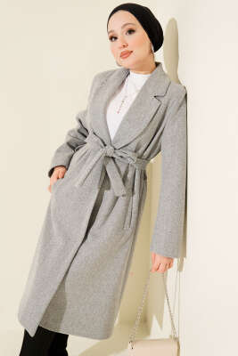 Kruvaze Yaka Cepli Kaşe Kaban Gri - BERAT TEKSTİL