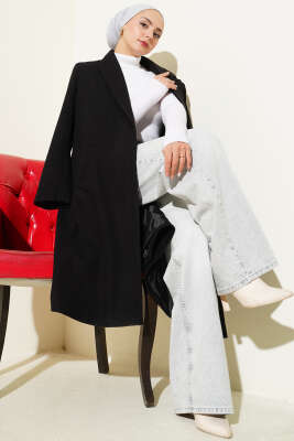 Kruvaze Yaka Cepli Kaşe Kaban Siyah - BERAT TEKSTİL