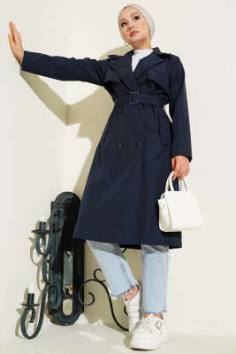 Kruvaze Yaka Cepli Kuşaklı Trençkot Lacivert