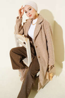 Kruvaze Yaka Düğme Detaylı Kaşe Kaban Camel 