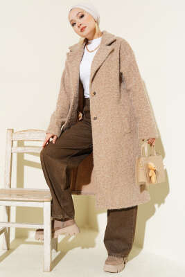 Kruvaze Yaka Düğme Detaylı Kaşe Kaban Camel - Kaban