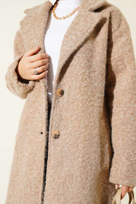 Kruvaze Yaka Düğme Detaylı Kaşe Kaban Camel - Kaban