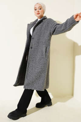 Kruvaze Yaka Düğme Detaylı Kaşe Kaban Füme - Kaban