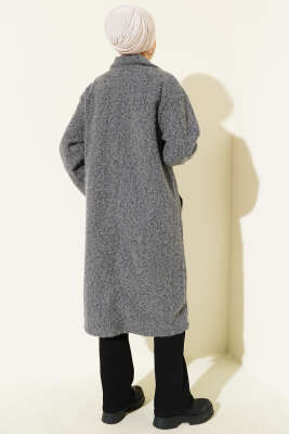 Kruvaze Yaka Düğme Detaylı Kaşe Kaban Füme - Kaban