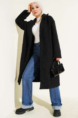 Kruvaze Yaka Düğme Detaylı Kaşe Kaban Siyah 