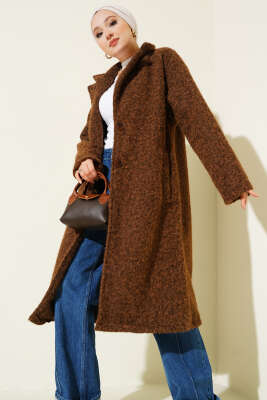 Kruvaze Yaka Düğme Detaylı Kaşe Kaban Taba - Kaban