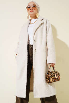 Kruvaze Yaka Düğme Detaylı Kaşe Kaban Taş 