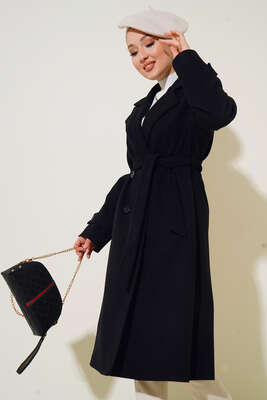 Kruvaze Yaka İki Düğmeli Kaşe Kaban Siyah