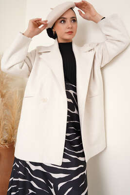 Kruvaze Yaka Kısa Kaşe Kaban Ekru