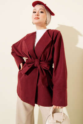 Kruvaze Yaka Kuşaklı Kaşe Ceket Bordo - SAS