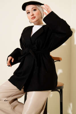 Kruvaze Yaka Kuşaklı Kaşe Ceket Siyah - SAS